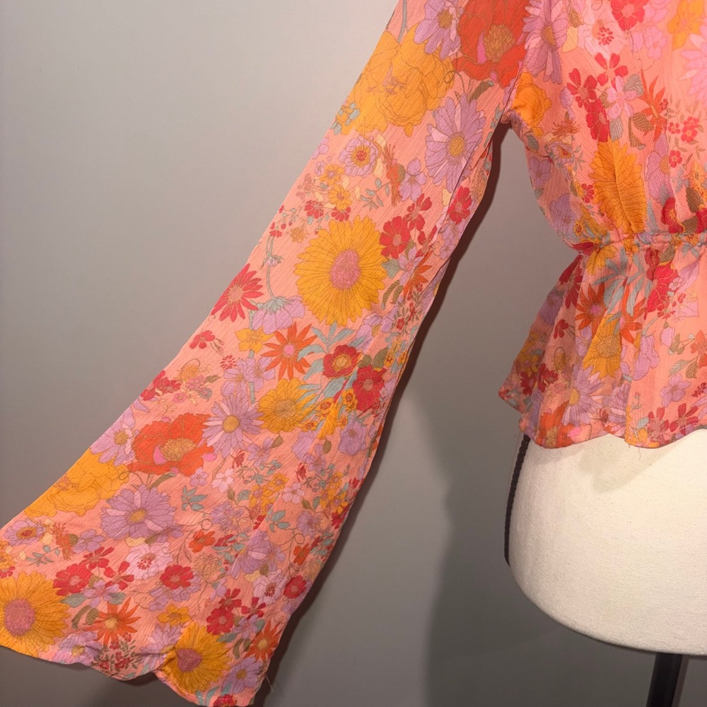 Floral Bell Sleeve Tie Front Boho Festival Top Womens Size Medium Orange - Picture 3 of 11